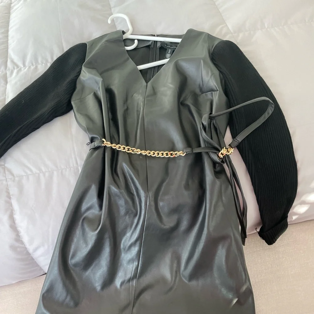 Halston black faux leather dress mixed media. brand new without tags. - Picture 5 of 9